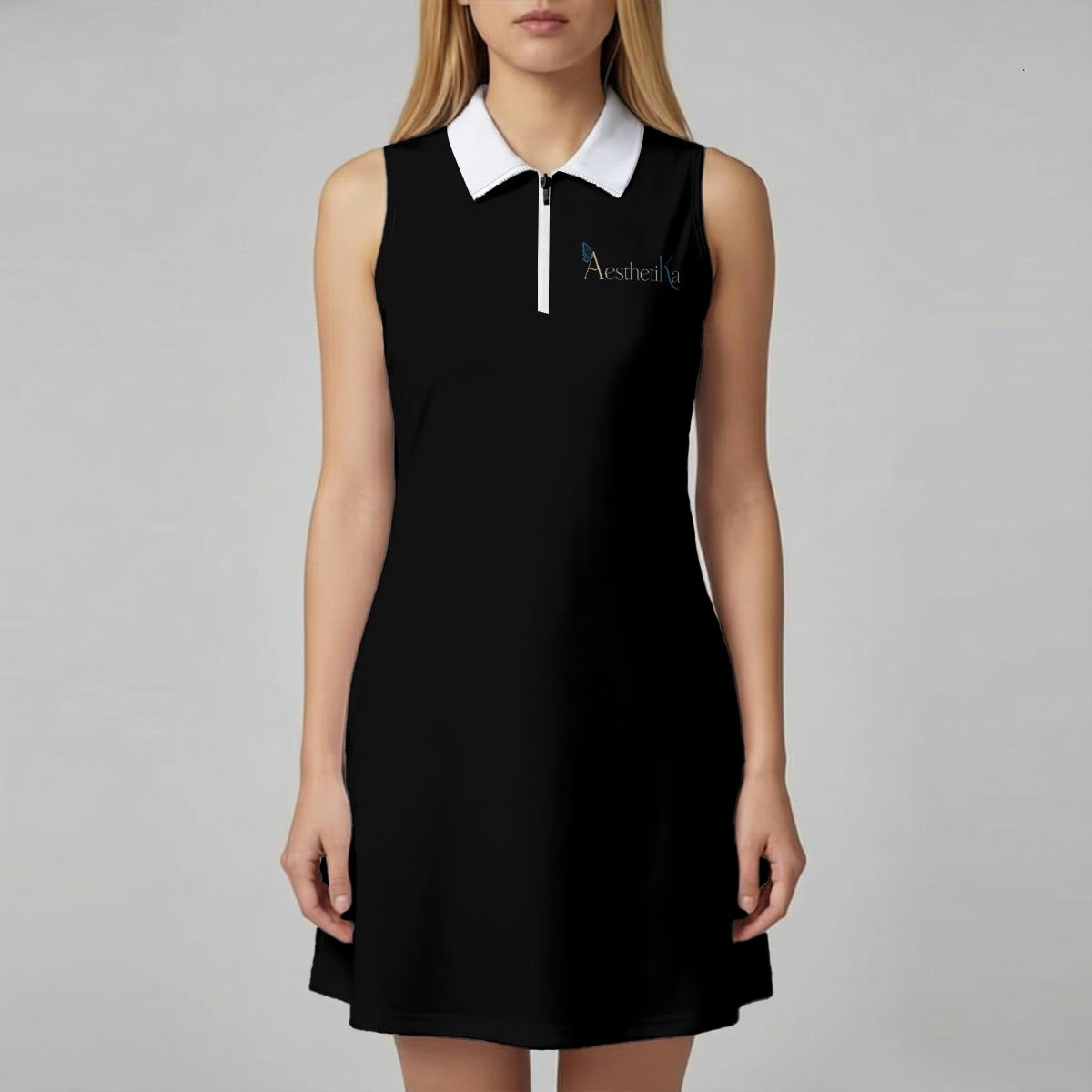 Cartel Golf women's black sleeveless polo dress with white collar and front zipper — golf tennis pickleball dress