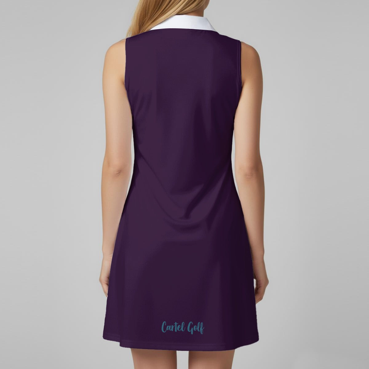 Cartel Golf women's deep plum sleeveless golf dress back view — lightweight moisture-wicking dress set