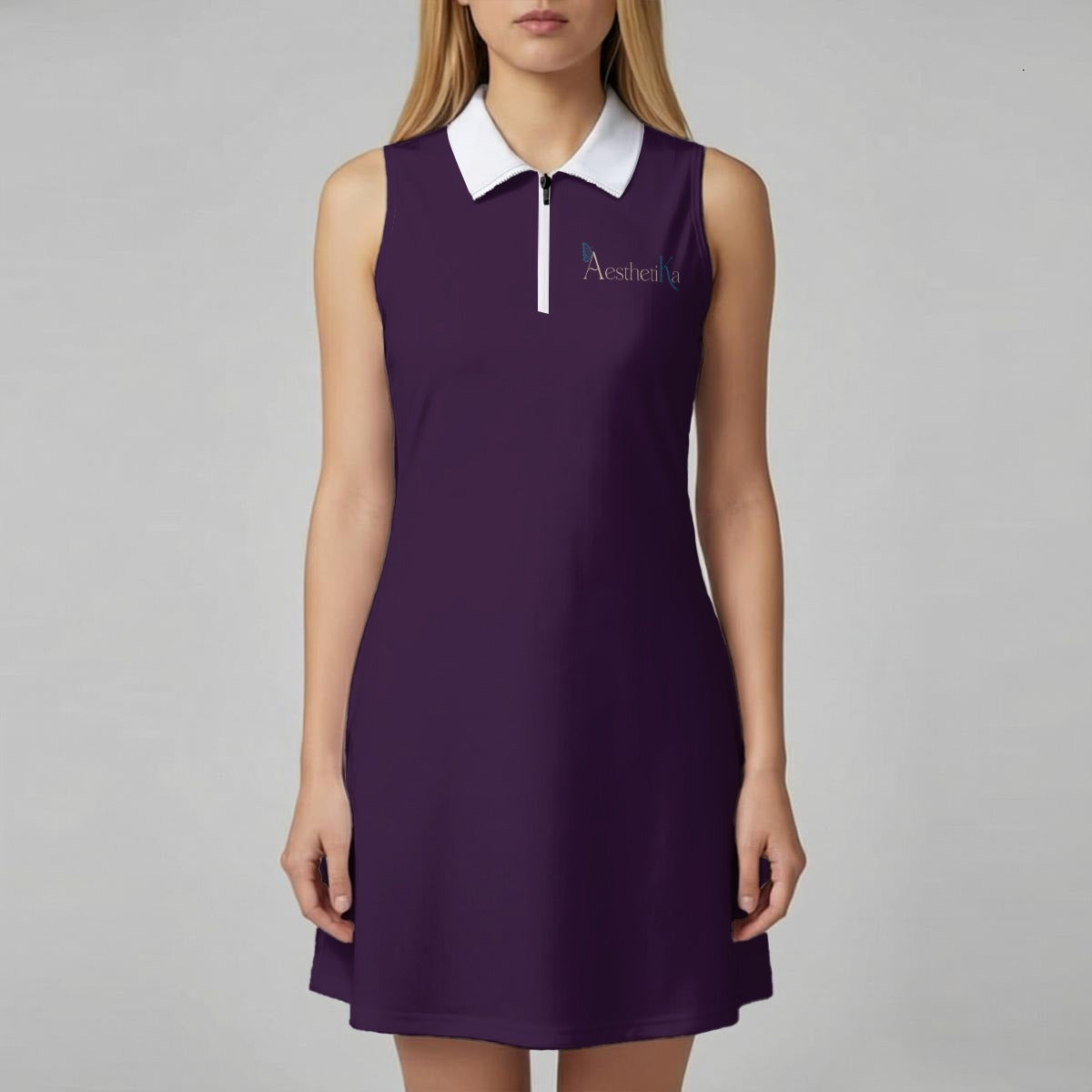 Cartel Golf women's deep plum sleeveless polo dress with white collar and front zipper — golf tennis pickleball