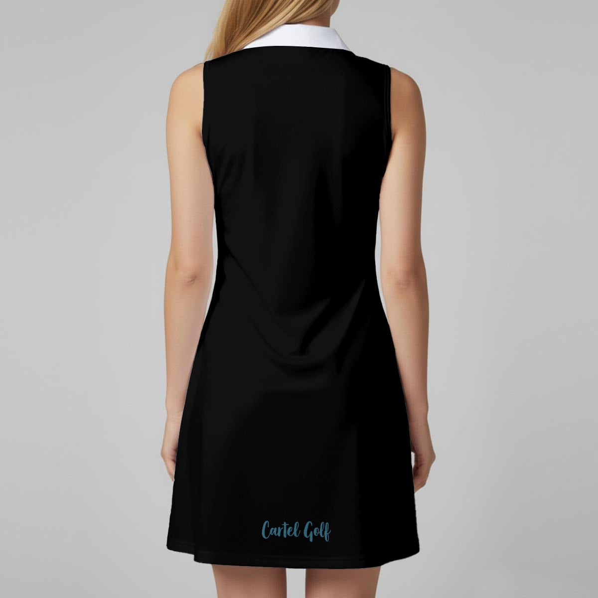 Cartel Golf women's black sleeveless polo dress back view — lightweight moisture-wicking golf dress
