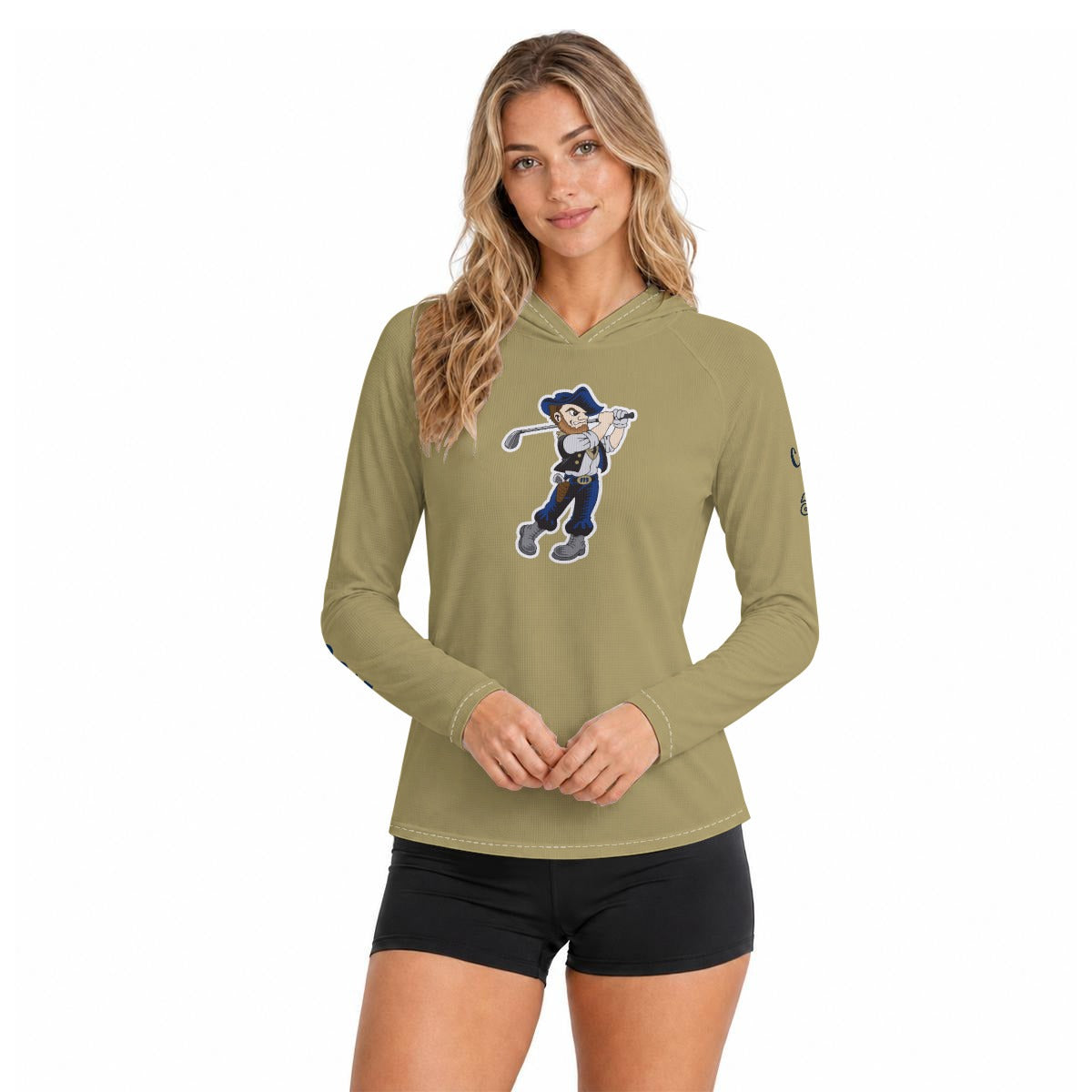 All-Over Print Women's Hooded Raglan Sun Performance Shirt With Long Sleeve "HARDROCKER GOLF" Gold