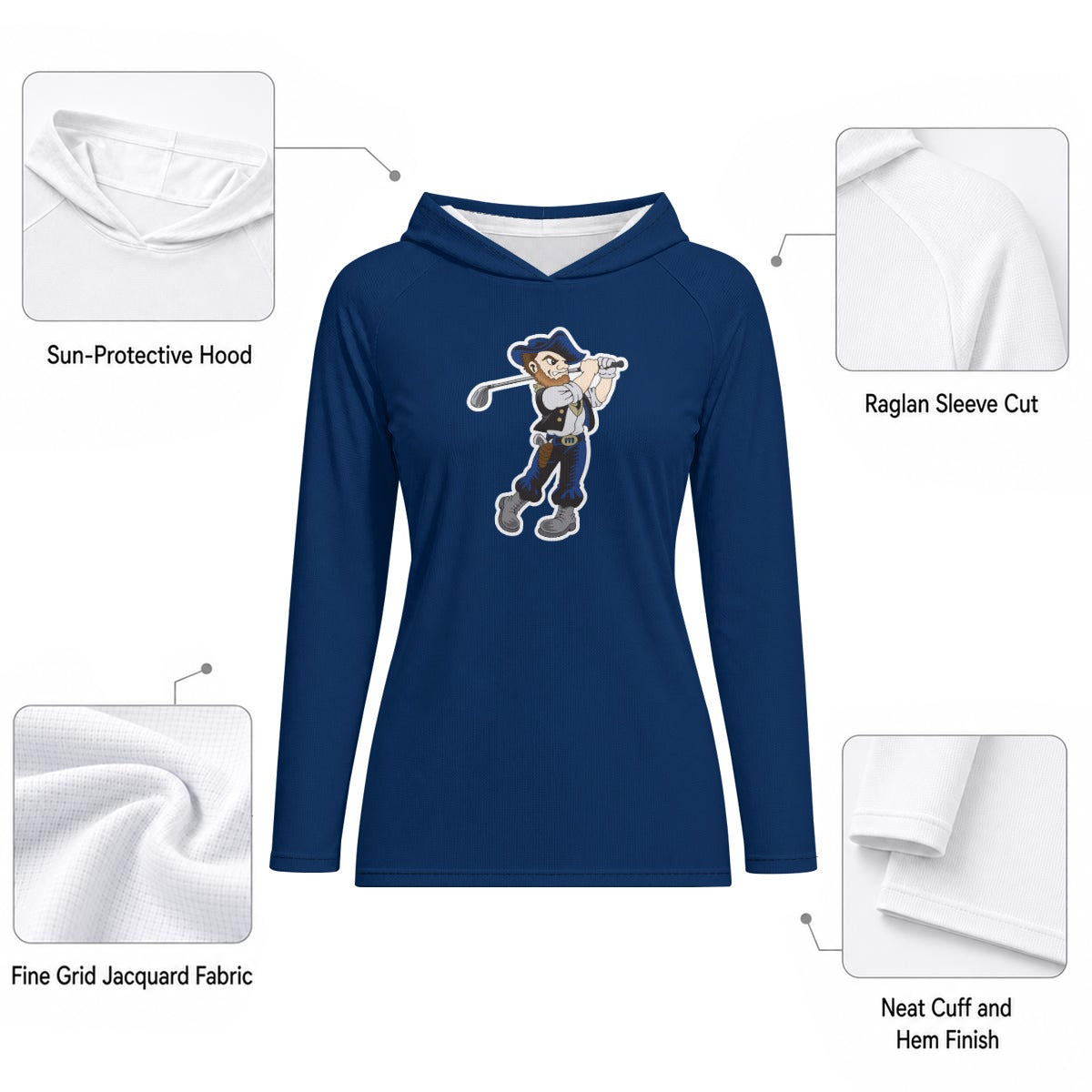 All-Over Print Women's Hooded Raglan Sun Performance Shirt With Long Sleeve "HARDROCKER GOLF" Navy