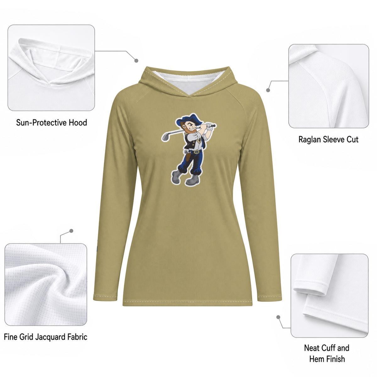All-Over Print Women's Hooded Raglan Sun Performance Shirt With Long Sleeve "HARDROCKER GOLF" Gold
