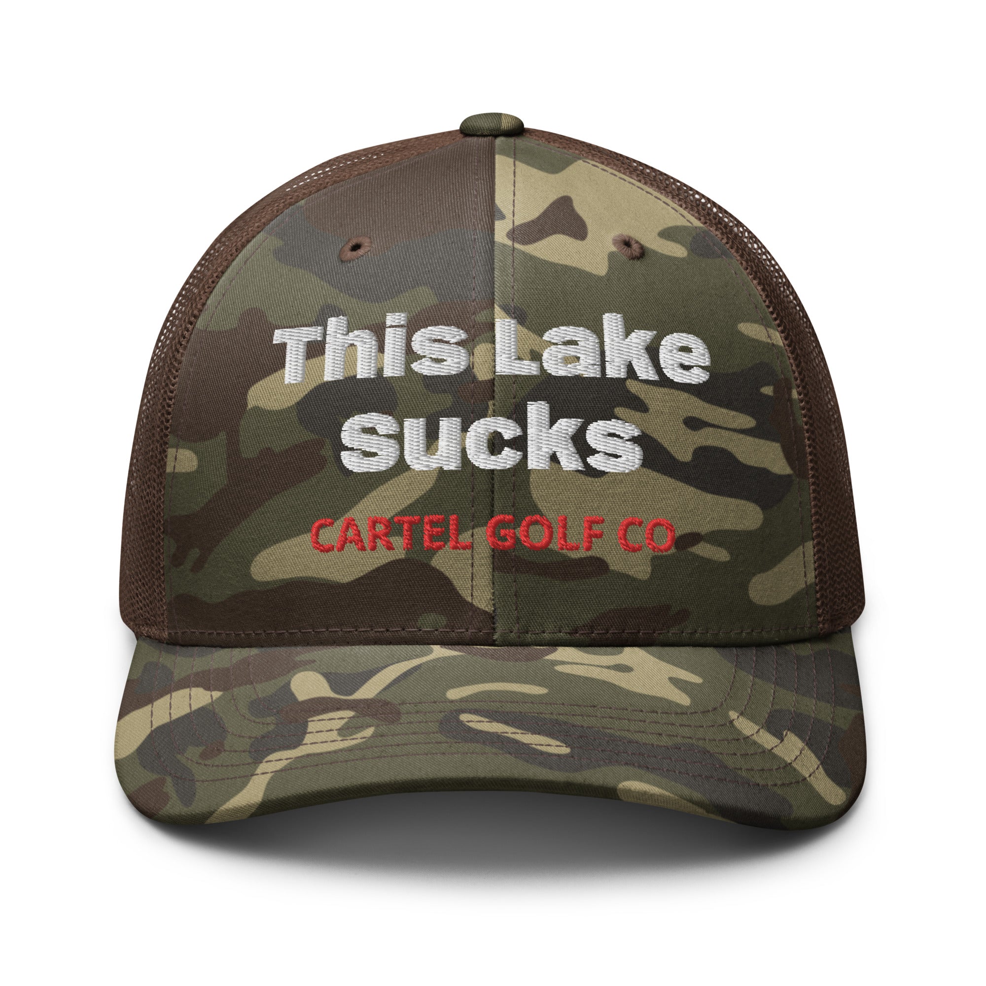 Camouflage trucker hat "This Lake Sucks"